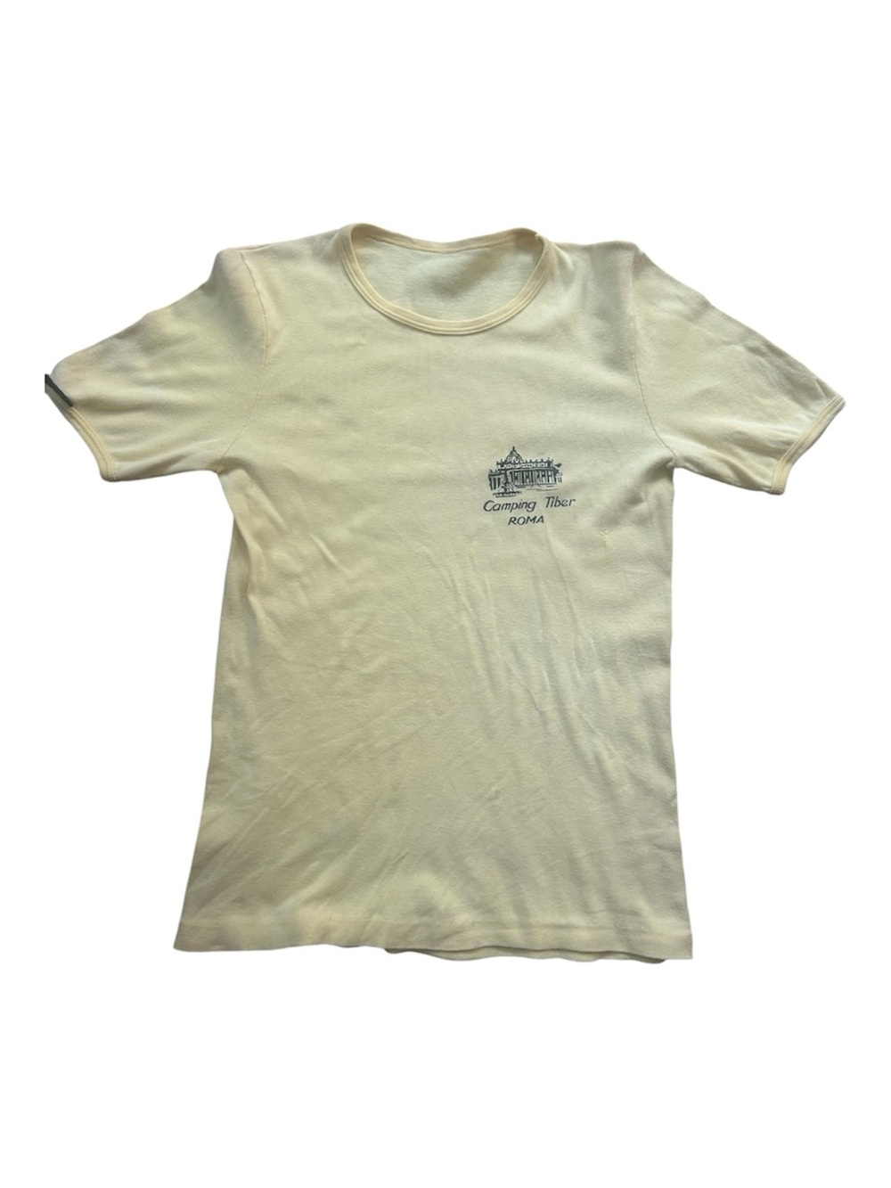 Vintage 80s Yellow Camping Tiber Roma Italy Single Stitch Ribbed T Shirt